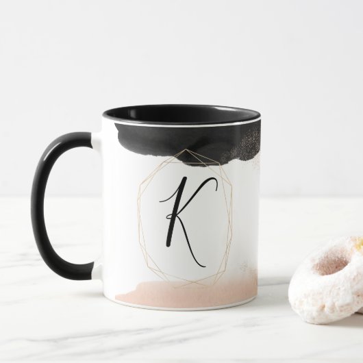 Mug Monogramme moderne noir et or (Avec donut)