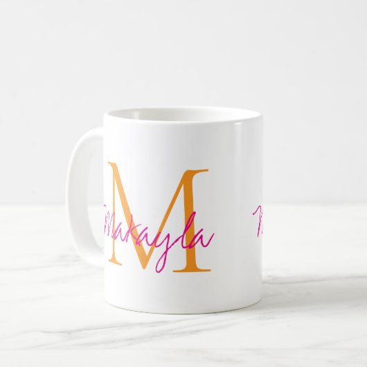 Mug Monogramme Moderne Nom en Écriture Rose (Devant gauche)