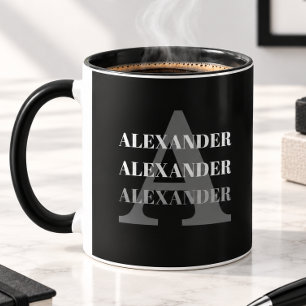 Mug Monogramme Moderne Nom Gris Noir