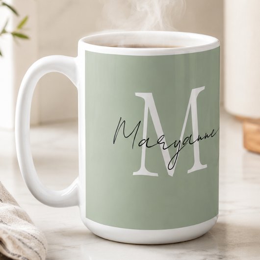 Mug Monogramme Moderne Nom Vert Sauge