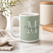Mug Monogramme Moderne Nom Vert Sauge