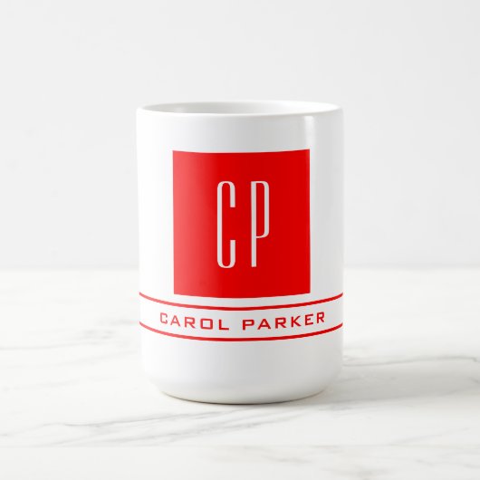 Mug Monogramme moderne Professionnel Nom simple Rouge  (Centre)
