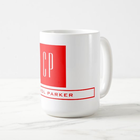 Mug Monogramme moderne Professionnel Nom simple Rouge  (Devant droit)