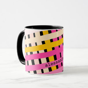 Mug Monogramme Moderne Rose Jaune Noir Carreaux Vichy