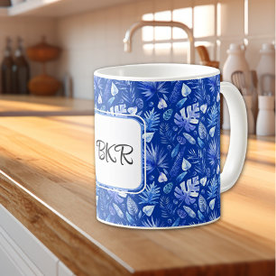 Mug Monogramme, motif feuilles tropicales bleu de coba