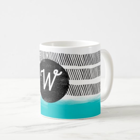 Mug monogramme motif noir blanc turquoise moderne (Devant droit)