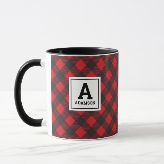 Mug Monogramme Noël Rouge Buffle noir Plaid (Gauche)