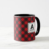 Mug Monogramme Noël Rouge Buffle noir Plaid (Devant droit)