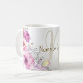 Mug Monogramme Nom Floral Rose Argent Élégant (Devant gauche)