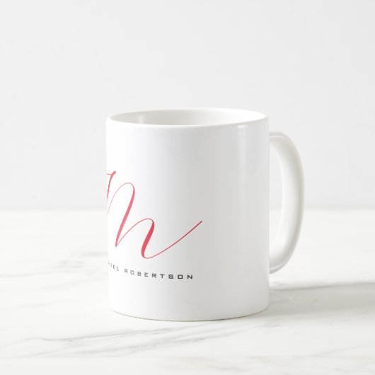 Mug Monogramme Nom initial Blanc Rouge Unique Minimali (Devant droit)