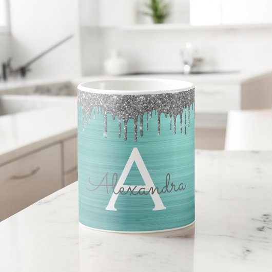 Mug Monogramme Nom Métal Brossé Paillettes Sarcelle Ar