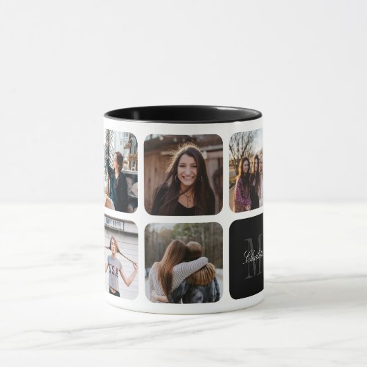 Mug Monogramme Nom Photo noire Collage (Centre)