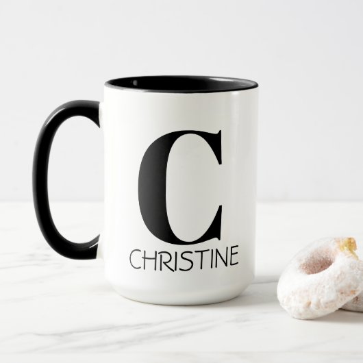 Mug Monogramme Nom Simple Élégant Noir & Blanc (Avec donut)