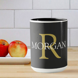 Mug Monogramme & Nom, Texte Noir, Or & Blanc