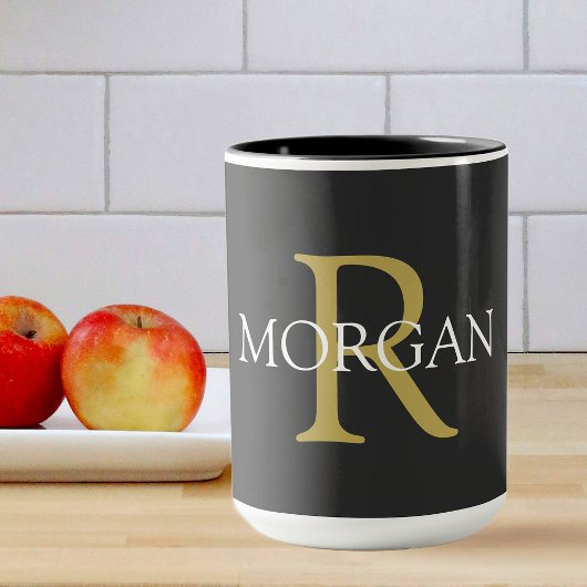 Mug Monogramme & Nom, Texte Noir, Or & Blanc