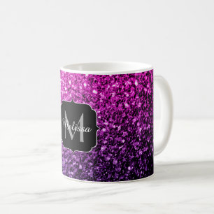 Mug Monogramme ombré rose violet faux paillettes scint