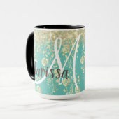 Mug Monogramme or Floral sur Parties scintillant Turqu (Devant gauche)