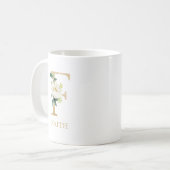 Mug Monogramme Or Lettre F | Floral Rose Blanc Vert (Devant gauche)