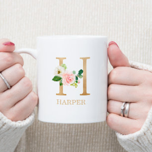 Mug Monogramme Or Lettre H   Floral Rose Blanc Vert