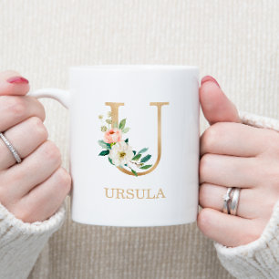 Mug Monogramme Or Lettre U Floral Rose Blanc Vert
