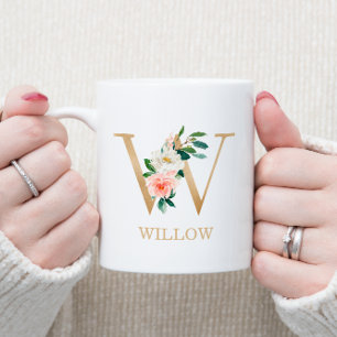 Mug Monogramme Or Lettre W   Floral Rose Blanc Vert