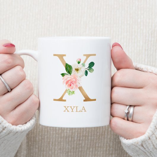 Mug Monogramme Or Lettre X | Floral Rose Blanc Vert