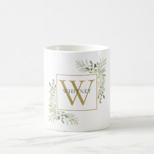Mug Monogramme Or moderne Vert Floral