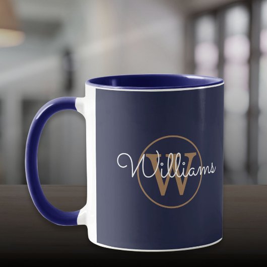 Mug Monogramme or Nom du script Marine Blue