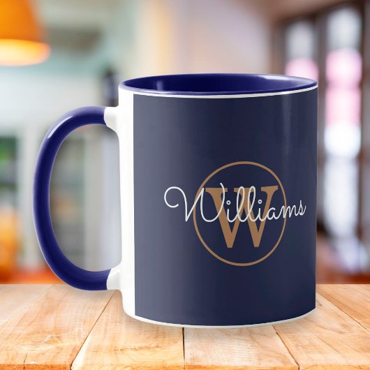 Mug Monogramme or Nom du script Marine Blue
