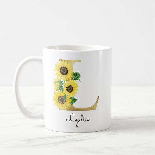 Mug Monogramme Or Soleil Doré Féminin Floral Initiale  (Gauche)