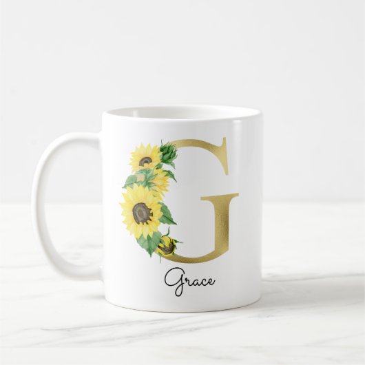 Mug Monogramme Or Soleil Doré Féminin Floral Initiale  (Gauche)