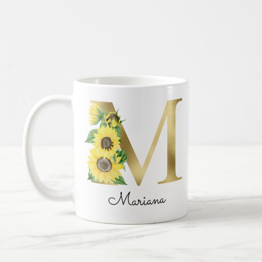 Mug Monogramme Or Soleil Doré Féminin Floral Initiale  (Gauche)