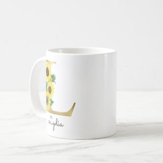 Mug Monogramme Or Soleil Doré Fleur Initiale L (Devant gauche)