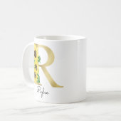 Mug Monogramme Or Soleil Fleur Femme Initiale R (Devant gauche)