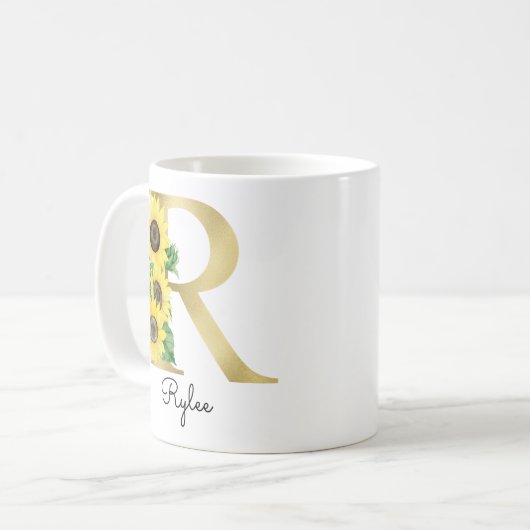 Mug Monogramme Or Soleil Fleur Femme Initiale R (Devant gauche)