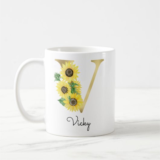 Mug Monogramme Or Soleil Fleur Femme Initiale V (Gauche)