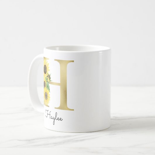 Mug Monogramme Or Soleil Fleur Initiale H Féminin (Devant gauche)