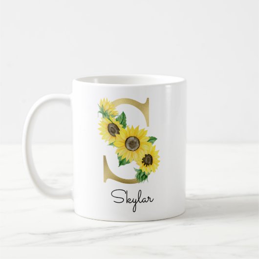 Mug Monogramme Or Soleil Fleur Initiale S Féminin (Gauche)