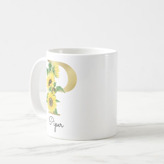 Mug Monogramme Or Soleil Fleurie Féminine Initiale P (Devant gauche)