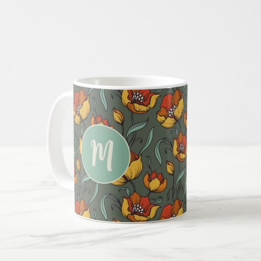 Mug Monogramme orange or vert rétro Floral (Devant gauche)