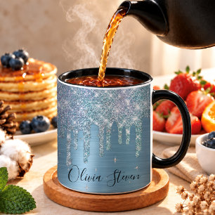 Mug Monogramme pailleté chic bleu aqua givré