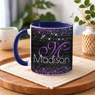 Mug Monogramme pailleté en métal brossé noir violet