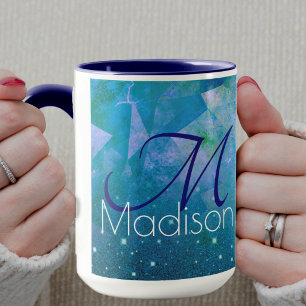 Mug Monogramme pailleté ombré bleu rose chic