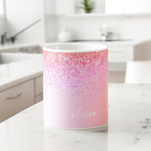 Mug Monogramme Pailleté Rose Gold Arc-en-Ciel Pastel V