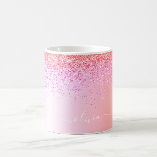 Mug Monogramme Pailleté Rose Gold Violet Arc-en-Ciel P (Centre)