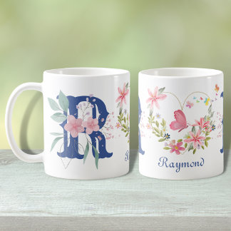 Mug Monogramme papillon floral aquarelle élégant R
