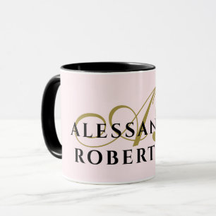 Mug Monogramme Pastel Rose Or Noir Nom Minimaliste