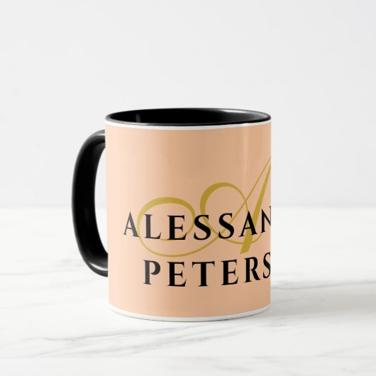 Mug Monogramme Peach Gold Black Nom Minimaliste Élégan (Devant gauche)