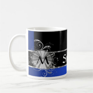 Mug Monogramme personnalisé de noir bleu et d'argent