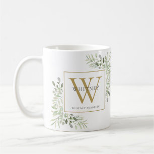Mug Monogramme Personnalisé Élégant en Or et Feuillage